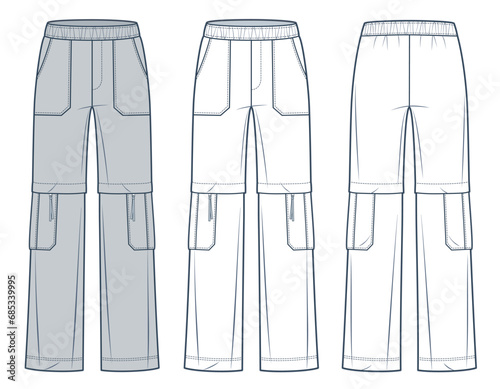 Cargo Joggers fashion flat technical drawing template. Sweat Pants technical fashion Illustration, straight leg, pockets, elastic waist, front, back view, white, grey, women, men, unisex CAD mockup.