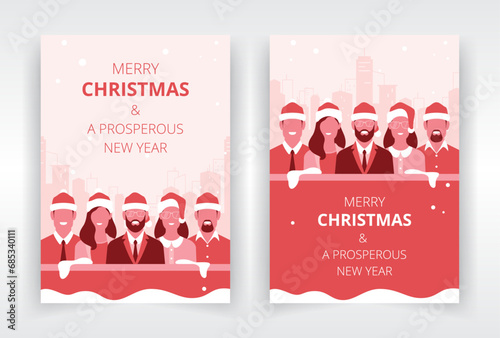 Poster, flyer, or greeting card templates featuring a group of business people in front of a cityscape, wishing you a merry christmas and a prosperous new year