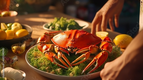 Cooked crabs on black plate served with white wine, black slate background photo