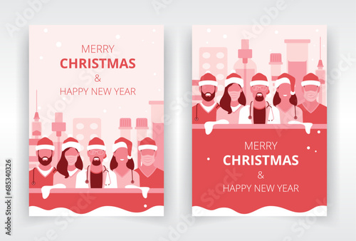 Poster, flyer, or greeting card templates featuring a group of healthcare professionals in front of medical supplies, wishing you a merry christmas and happy new year