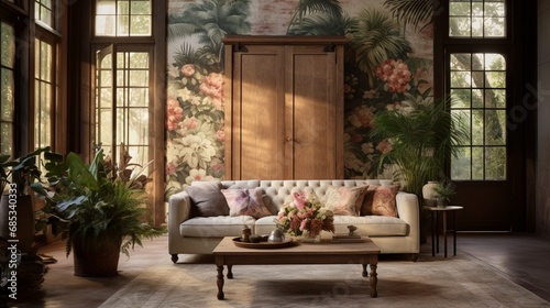 A rustic living room showcasing hand-painted botanical wall murals that bring nature indoors.