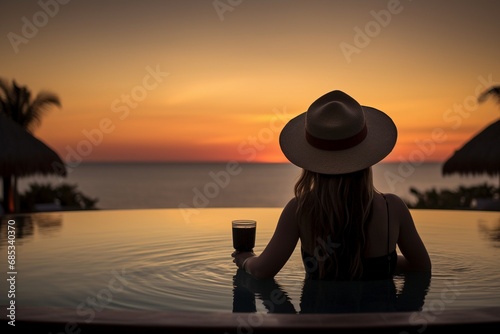 Embark on a visual journey of refined luxury as a woman immerses in the beauty of a sunset from an infinity pool, symbolizing opulence, wealth, and the epitome of a luxurious lifestyle