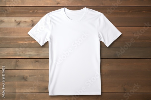 Convey the essence of simplicity through a white t-shirt showcased on a minimalistic wooden background, symbolizing clean and uncomplicated fashion