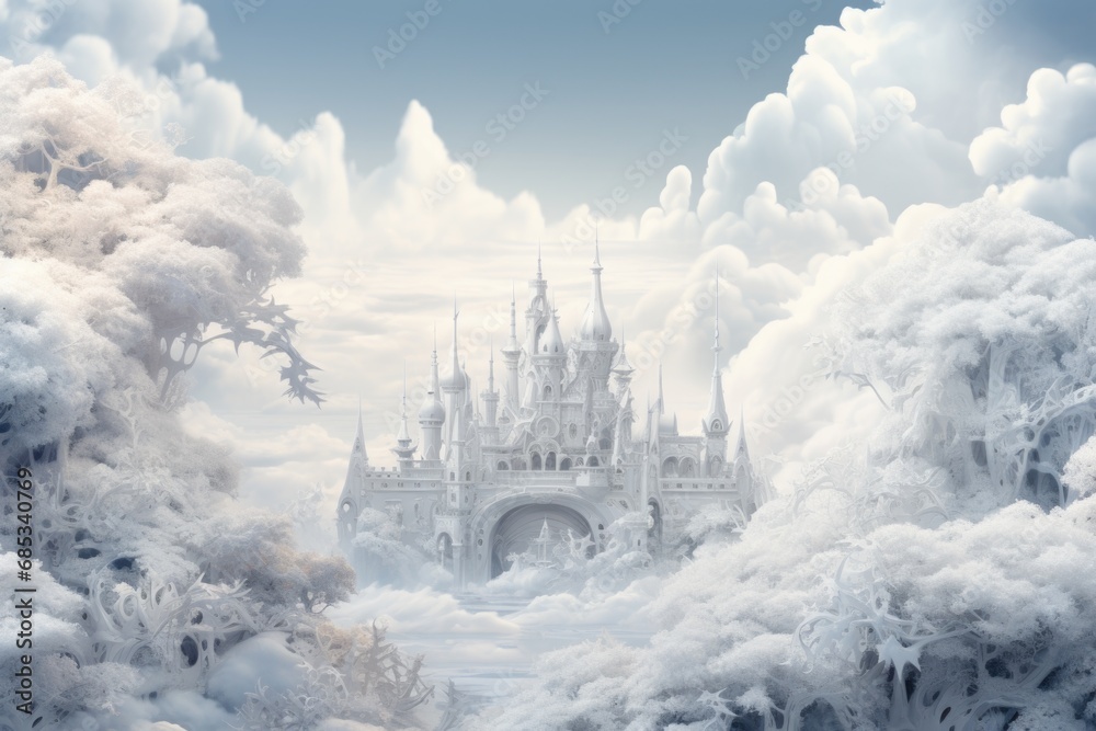 illustration of a white castle surrounded by snow-white trees and clouds