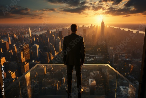 A male businessman or boss stands near a panoramic window at sunset and looks at the city photo