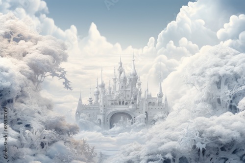 illustration of a white castle surrounded by snow-white trees and clouds
