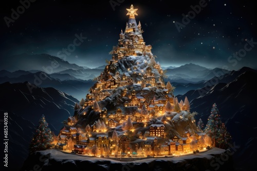 Behold the Yuletide magic radiating from a mountain adorned with gleaming lights resembling a Christmas tree, creating a celestial spectacle amidst the nocturnal peaks and twinkling city lights © Konstiantyn Zapylaie
