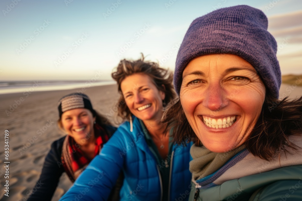 Happy group of people enjoying the sea and wearing hats photo with tile selfie