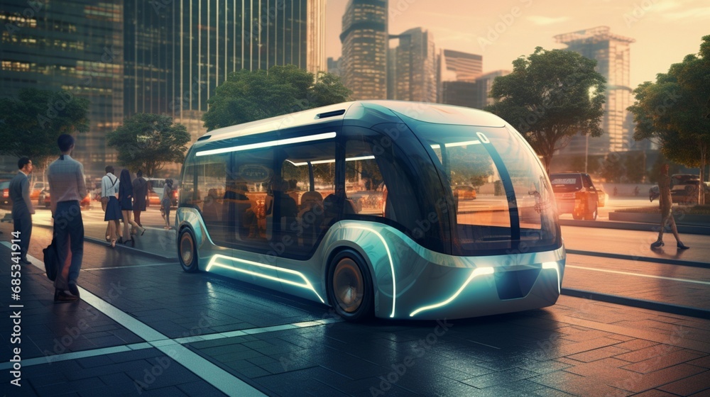 A self-driving bus transporting passengers safely and efficiently through the city.