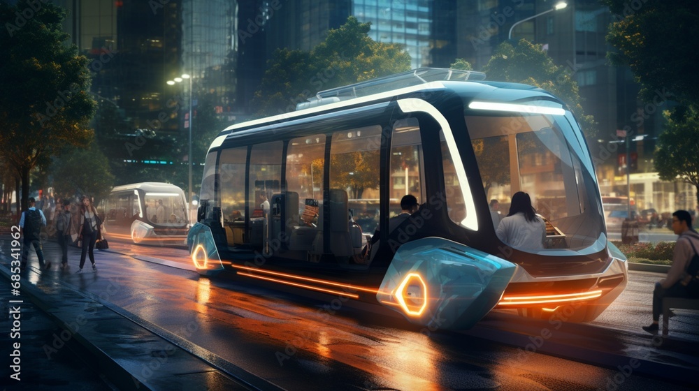 A self-driving bus transporting passengers safely and efficiently through the city.