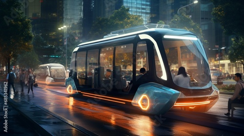 A self-driving bus transporting passengers safely and efficiently through the city.