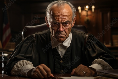A serious judge looks menacingly and sees in his office