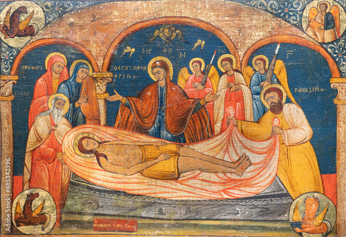 Lamentation of Christ. 18th/19th century, by an unknown Greek painter, Jerusalem pilgrimage icon. The Žitomislić Monastery, Bosnia and Herzegovina. 03 Jul 2023.