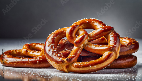 close up shot of Freshly baked homemade soft pretzel on rustic table photo