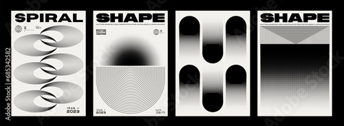 Set Of Cool Abstract Geometric Posters. Brutalist Halftone Shape Vector Design. Retro Geometrical Placard. Textured Shapes.