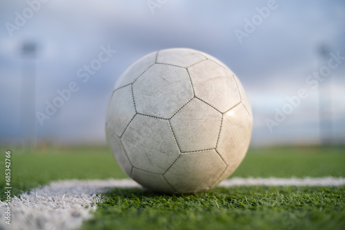 White soccer ball lying on the grass at football pitch © Dziurek