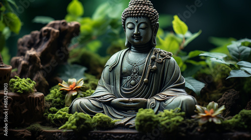 buddha statue on a rock in a blurred green bamboo jungle with smooth water surface, fresh natural spa wallpaper concept with asian spirit photo