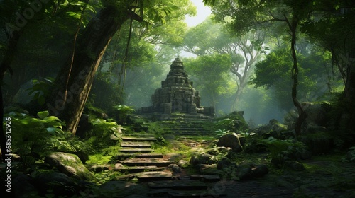 A serene, lush forest with a hidden shrine dedicated to Hanuman. photo