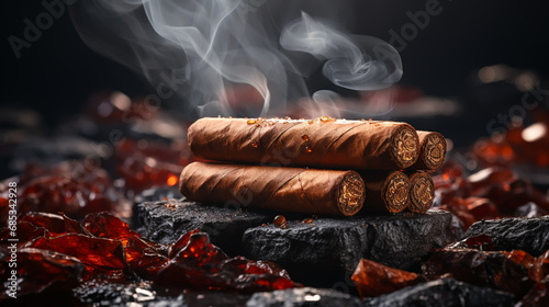 Cuban cigars with leaves on a black stone table. Top view. Free space for your text.
