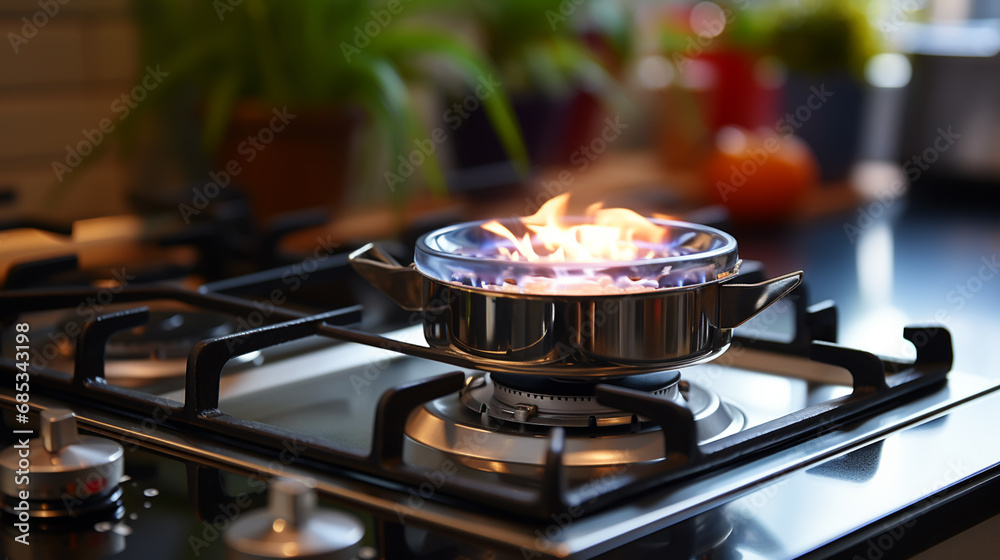 pot on gas stove, stainless pan on the hob, cooking on a gas stove, the cost of gas in Europe pot on gas stove, stainless pan on the hob, cooking on a gas stove, the cost of gas in Europe