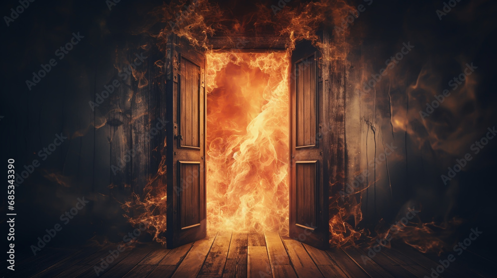 Corridor of a residential building in a flame of fire Corridor of a residential building in a flame of fire