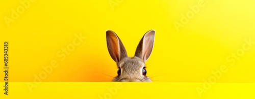 funny rabbit g peeping from behind a vibrant yellow  block, easter bunny concept, horizontal wallpaper banner or card large copy space for text. photo