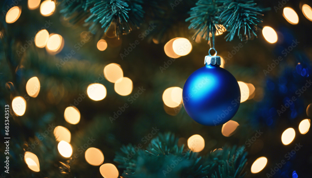 A blue Christmas tree ball on a Christmas tree.