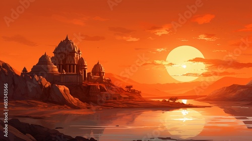 A serene sunrise over a Hanuman temple, casting a warm orange hue.