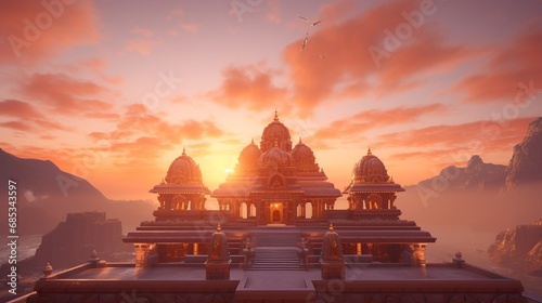 A serene sunrise over a Hanuman temple, casting a warm orange hue. photo