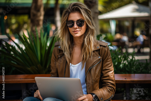 Freelancer woman sitting with laptop at remote work, business and training concept