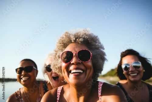 Group portrait of senior women swimming in lake