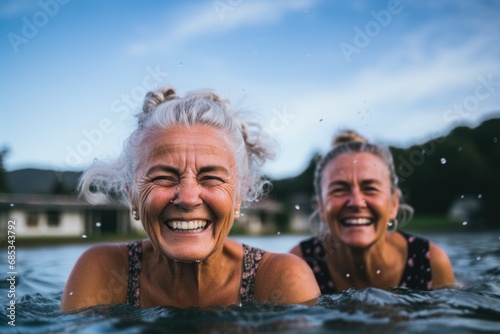 Group portrait of senior women swimming in lake