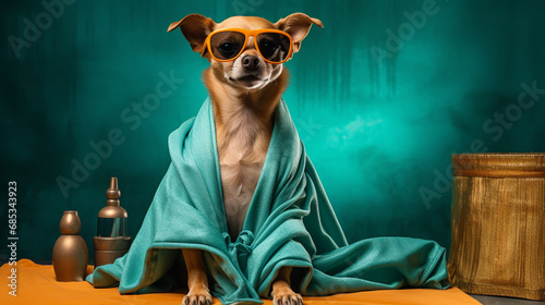 Funny dog photograpy cute spa Day laying bed relax beauty mask photo