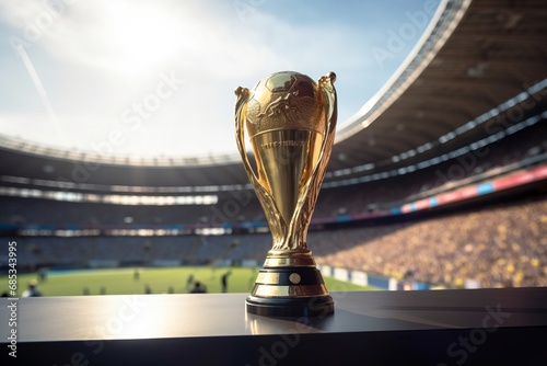 Golden winner sport trophy on football or soccer field stadium, an emblem of victory and success. Shining with accomplishment, symbol of triumph and recognition, inspiring aspiration and excellence. photo