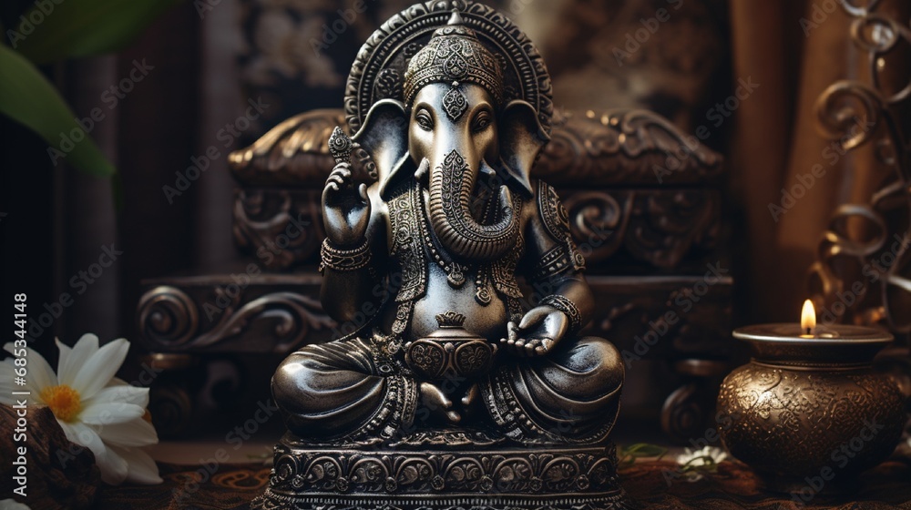 A simple yet elegant silver Ganesh figurine, resting gracefully on a polished wooden altar in a cozy home.
