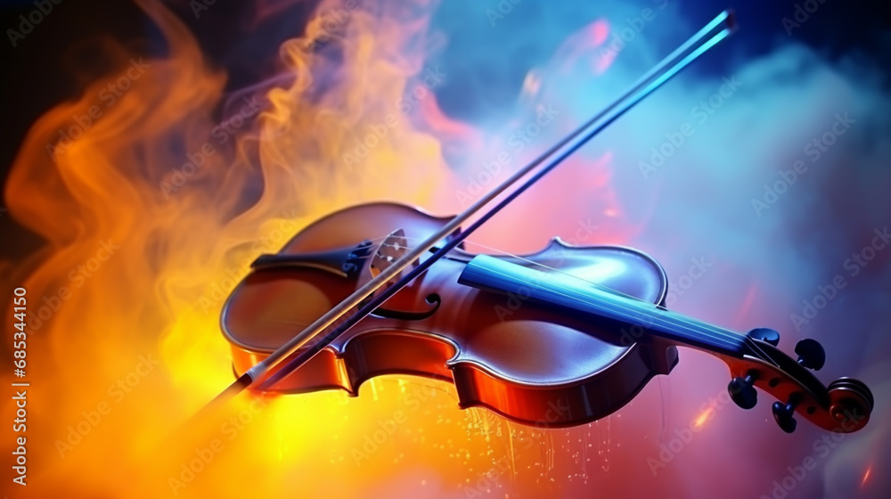 Violin in colorful powder explosion. Illustration of the violin enveloped in elements on black background.