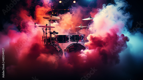 Drum kit on stage in the spotlight color