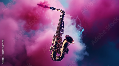 Golden shiny alto saxophone on black background with smoke. copy space photo
