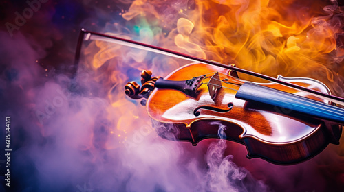 Violin in colorful powder explosion. Illustration of the violin enveloped in elements on black background.
