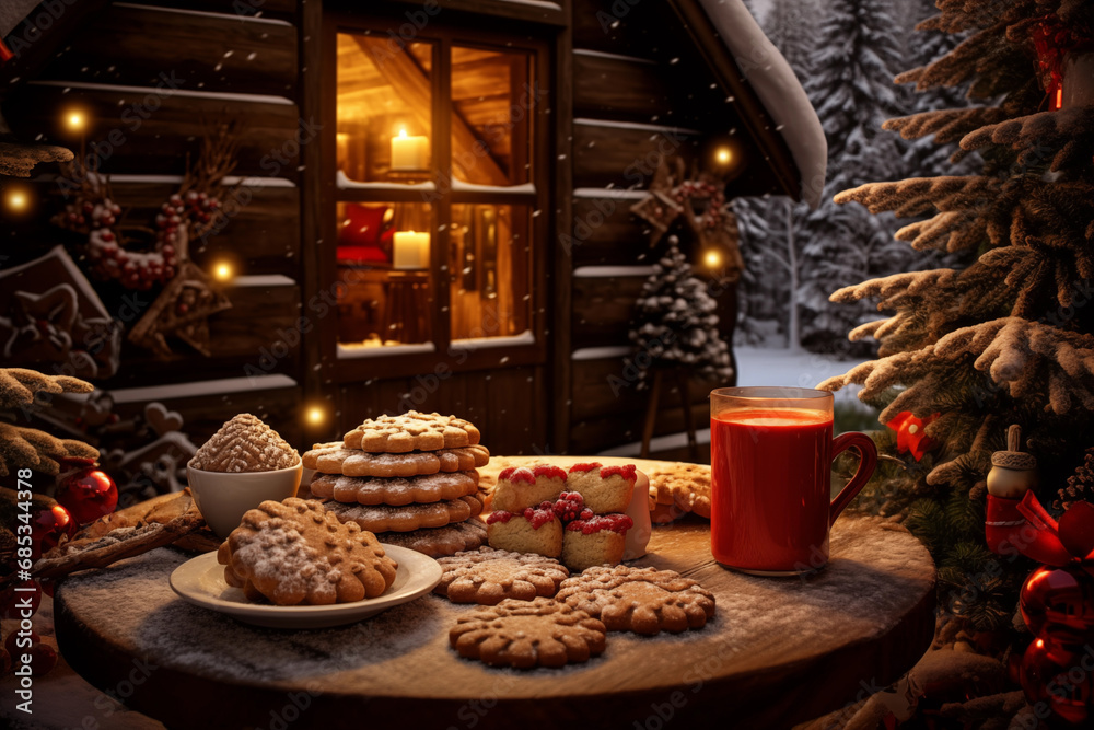 Mug of hot chocolate or cocoa with Christmas cookies