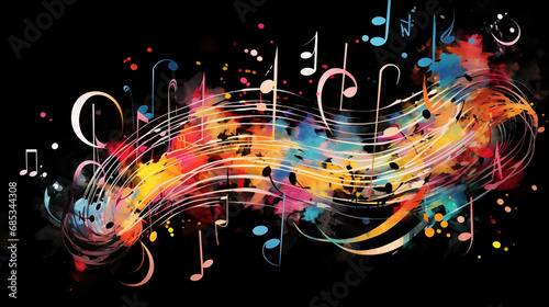 Abstract music background with notes and watercolor texture isolated black background