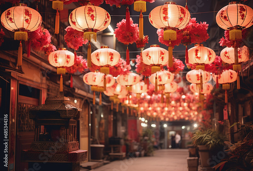 Many red chinese lanterns in the city