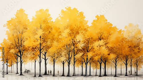 Watercolor bright Autumn trees  Orange background  Fall leaf