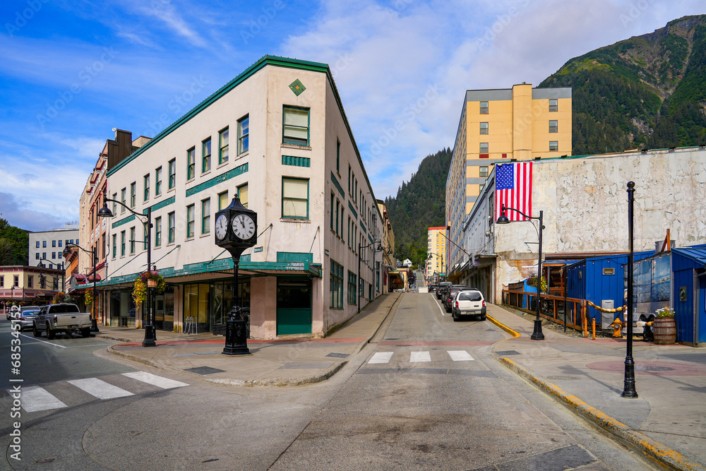 Intersection of Front Street and Franklin Street in downtown Juneau, the capital city of Alaska, USA