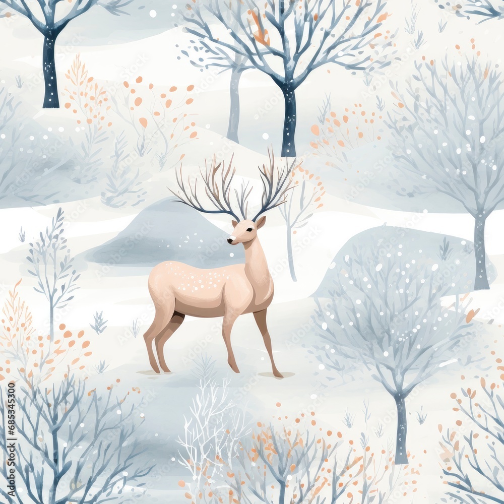 Snowy Forest and Majestic Deer Seamless Pattern Snowy Forest and Majestic Deer Seamless Pattern