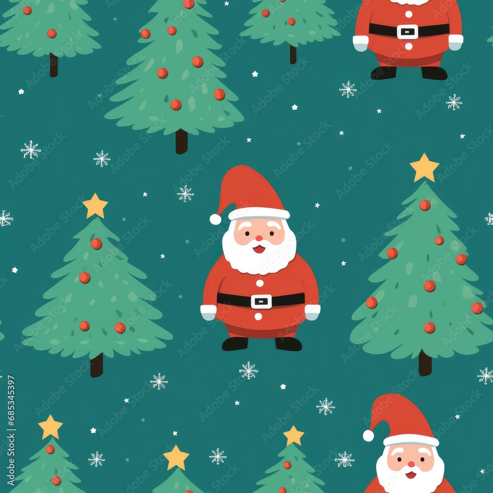 A seamless pattern with Santa Claus and Christmas trees on green background
