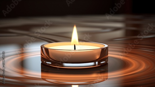  a lit candle sitting on top of a puddle of water with a reflection on the surface of the water in front of it.