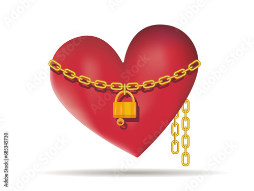A heart chained by a golden chain. 3d, vector image.