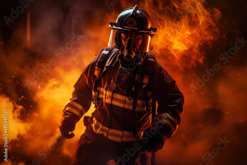 Dramatic Night Fire Battle: Composite Image of Firefighter in Action © Andrii 