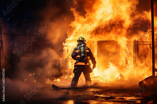 Adventurous Firefighter: Nighttime Inferno in Panoramic Bokeh Composite